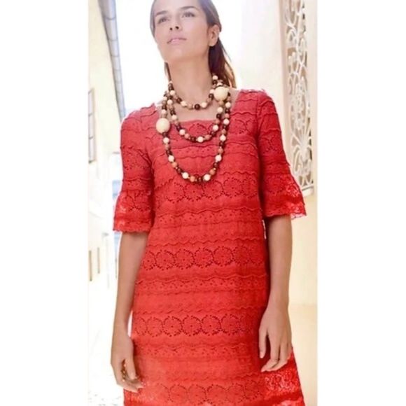 Anthropologie Moulinette Soeurs Dazzling Lights Lace Eyelet Dress in Coral Red - Picture 2 of 13